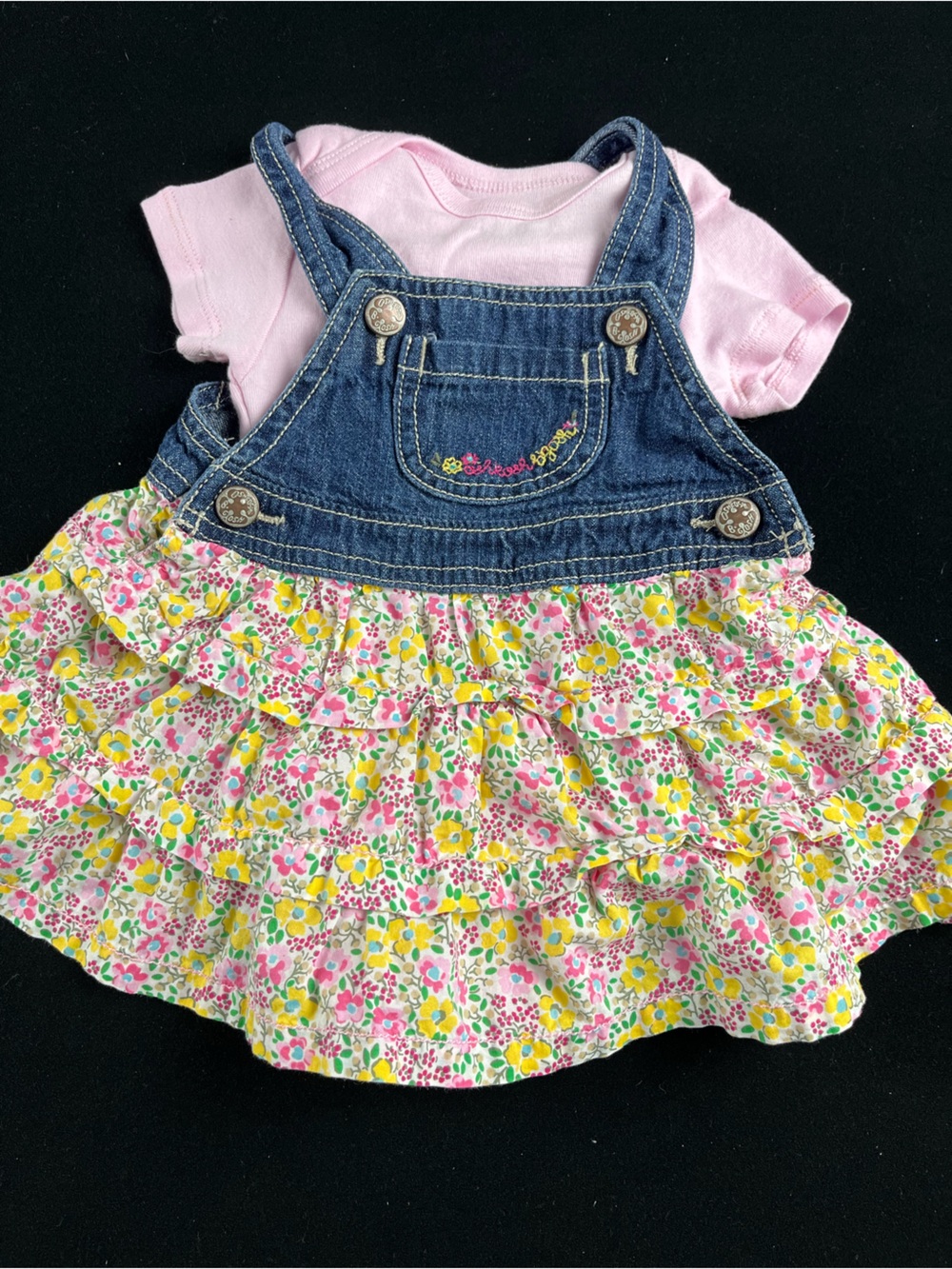 Oshkosh Denim Floral Ruffle Overalls - Pink & Yellow Girls' Bottoms